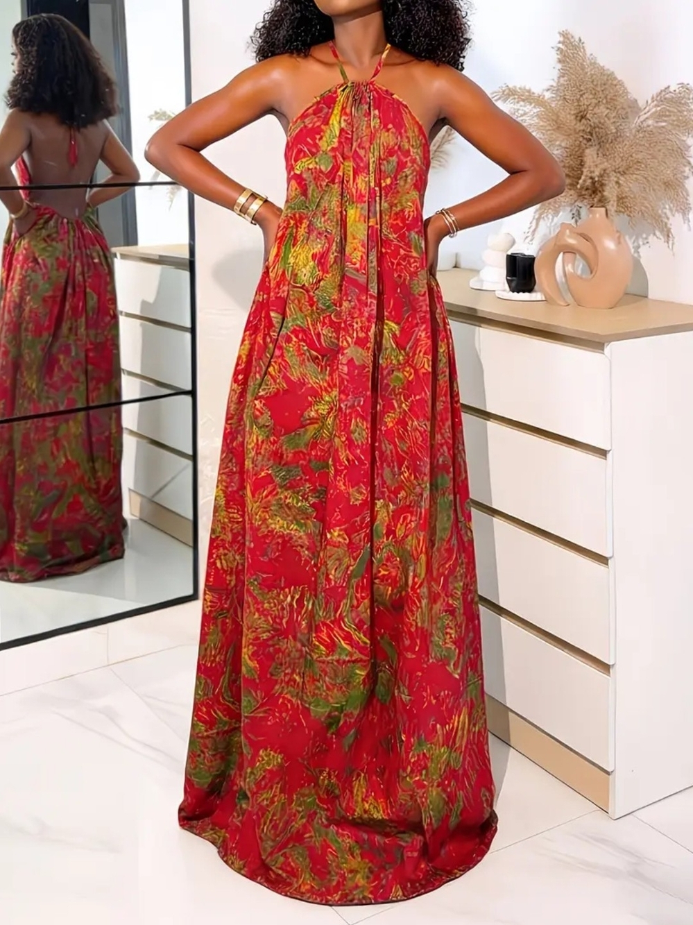 Tropical Red Halter Maxi Dress